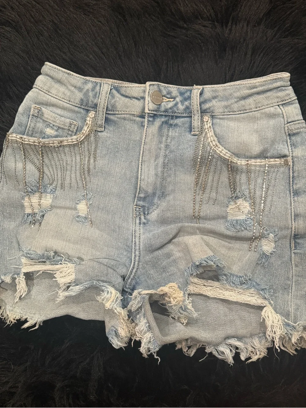 Risen Distressed Light Wash Denim Shorts with Chain Fringe